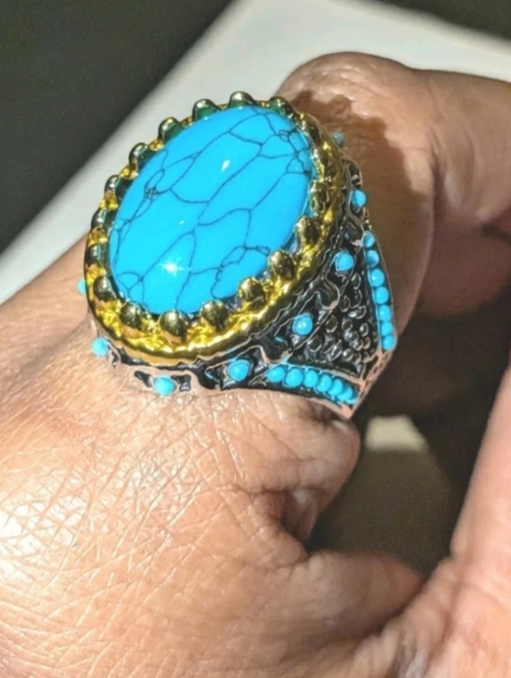 Retro Punk Style Ring Simulated Turquoise Two Tone Polished Statement Band Ring